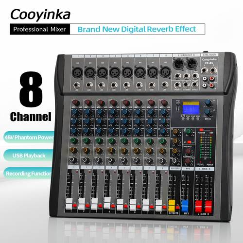 8 channel professional mixer with metal body 48v power fx send return led display independent pan 3 band eq usb for pc u disk 8 outputs ideal for events conferences weddings etc