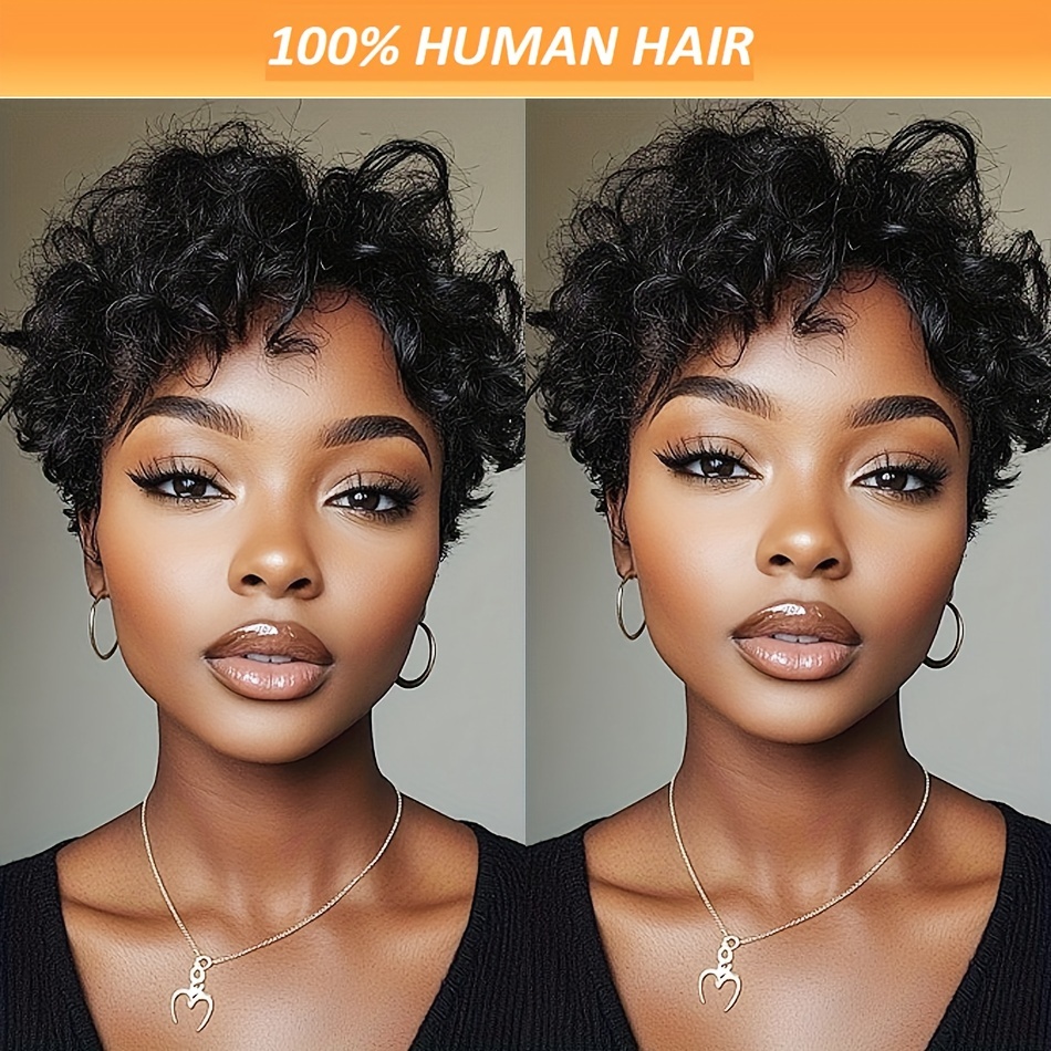 

Chic Human Hair Wig With Bangs Short Curly Cut Wig Glueless Wig 180% Density Cap And , Basics Style - Suitable For All