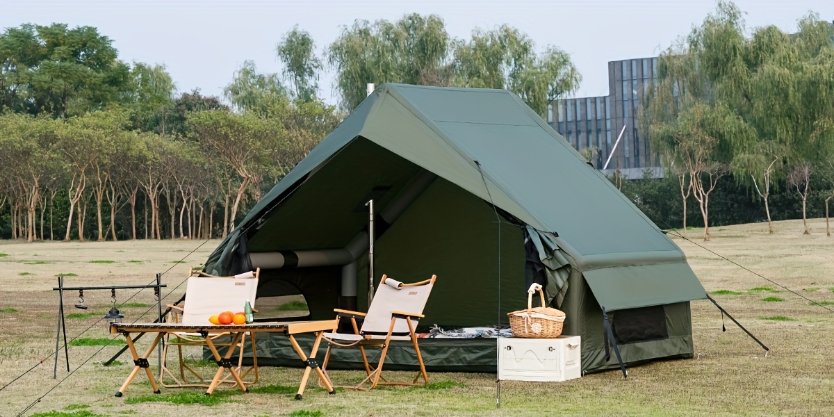 Inflatable Tent with Stove Jack for 3-4 Person, All-Season Self-Supporting Air Tents, Easy Setup Cabin Camping Tent with Mesh Windows for Outdoor, Family Camping