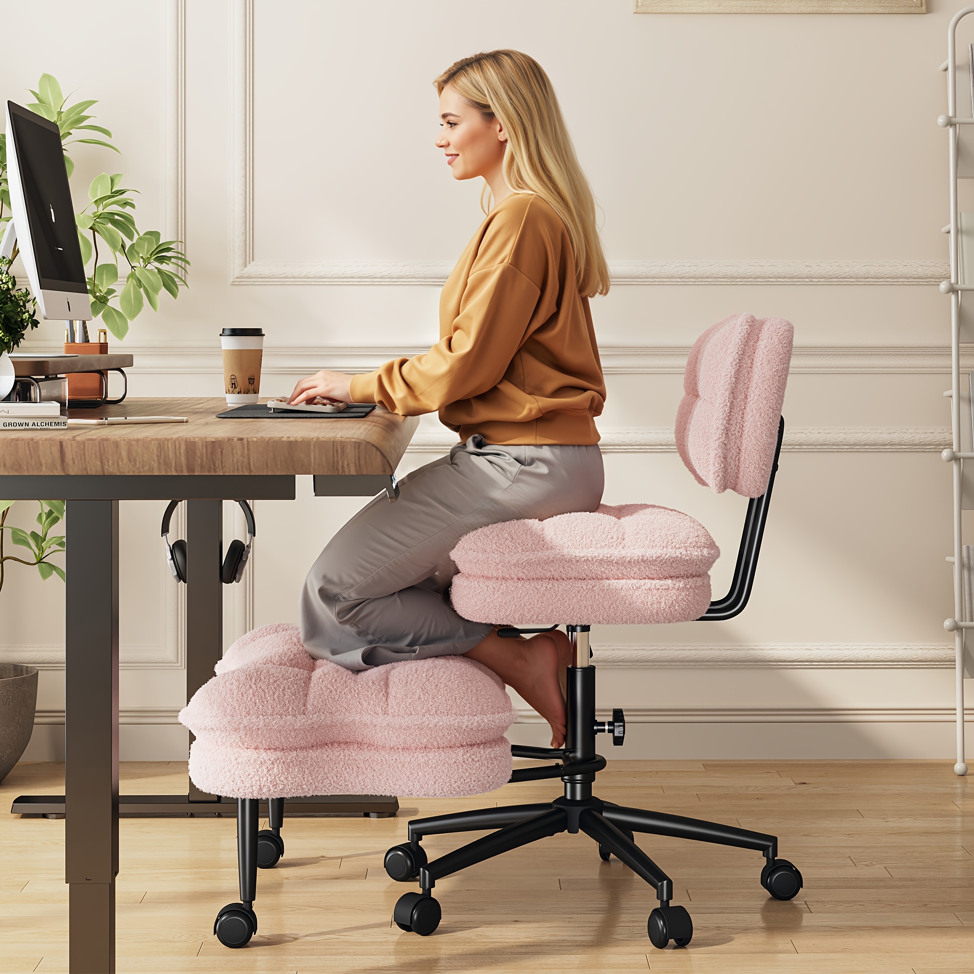 DURAYLOLY Ergonomic Cross Legged Chair, 360° Swivel Meditation Chair with Wheels, Height Adjustable Seat, Strong Lumbar Support, Home Office Furniture, Teddy Fabric