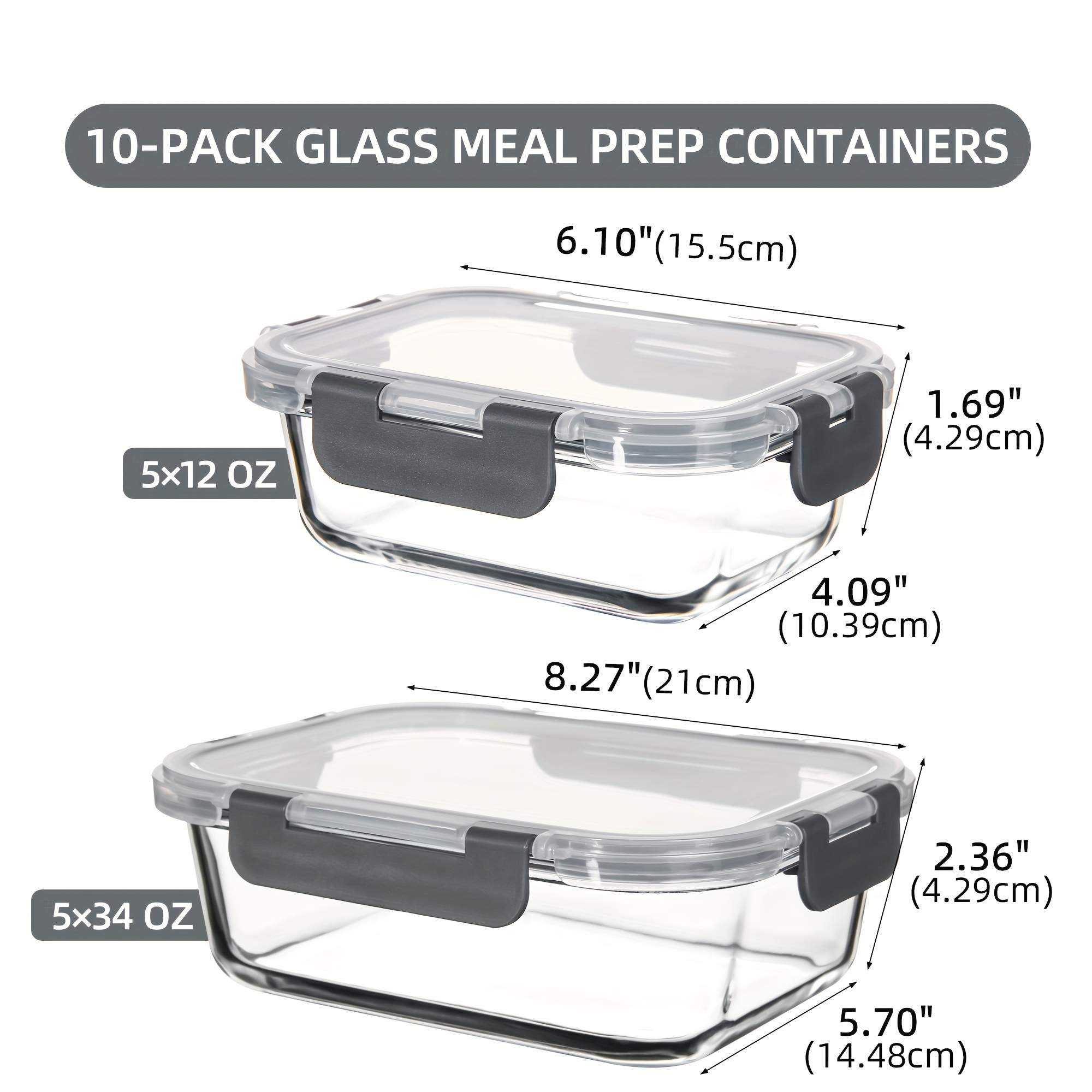 TEMU 10/12pcs Glass Meal Prep Containers Set, Food Storage Containers With Snap Locking Lids, Airtight Food Containers, Meal Prep Containers For
