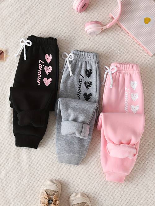 3pcs girls heart print jogger pants soft stretchy elastic waistband cozy long pants with heart cutouts bow detail for fall winter for outdoor for teenager design casual wear jogging pants