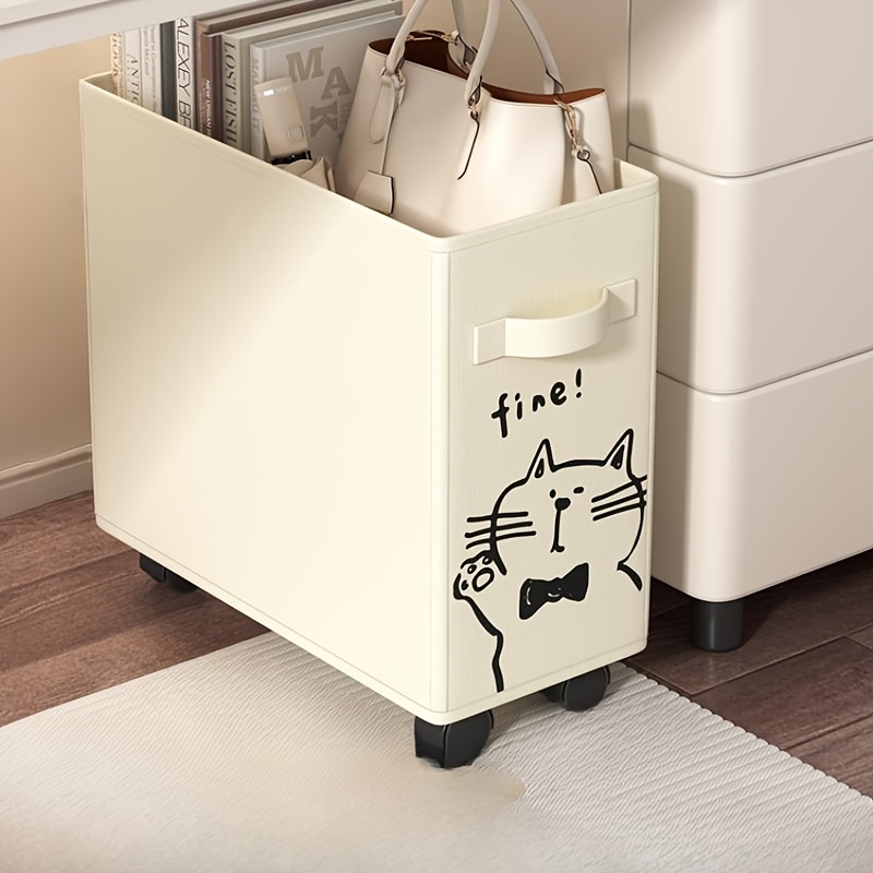 Compact Under-Desk Wheeled Storage Trolley – Movable White Office Organizer Basket with Cute Cat Face Design, Ideal for Workstation Essentials, Compact Desk