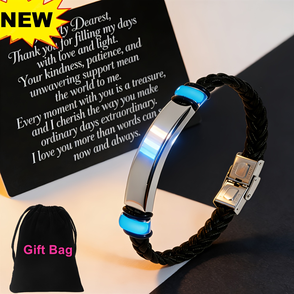 TEMU Personalized Engravable Pu Leather Bracelet With -dark Activation & Wallet Card - Name/date/message// - Unisex Id Nameplate Bangle For -