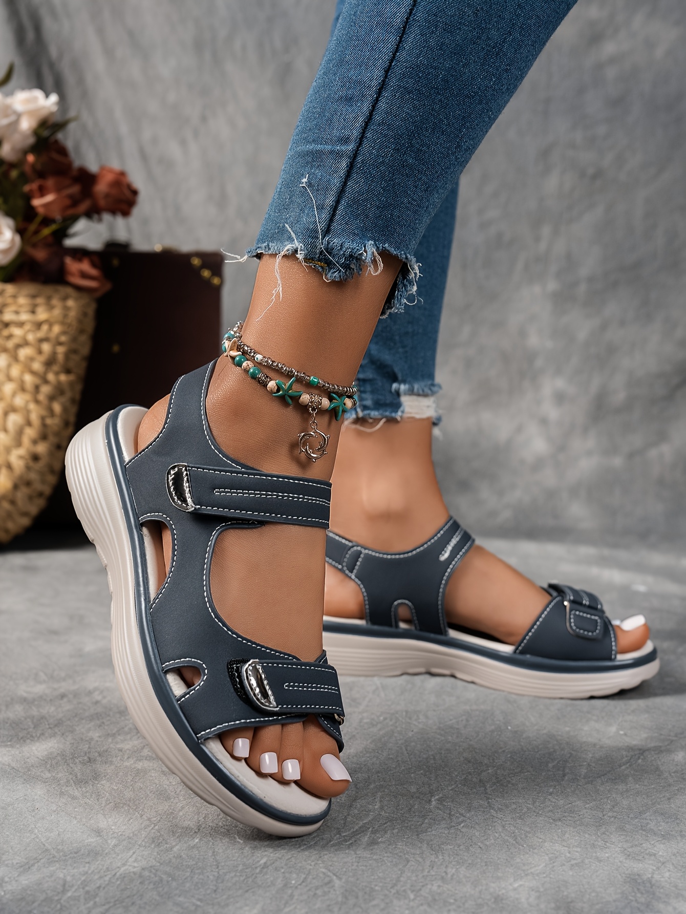 womens summer casual black platform wedge sandals open toe breathable pu upper ankle hook and loop closure solid color beachwear strappy sandals details 11