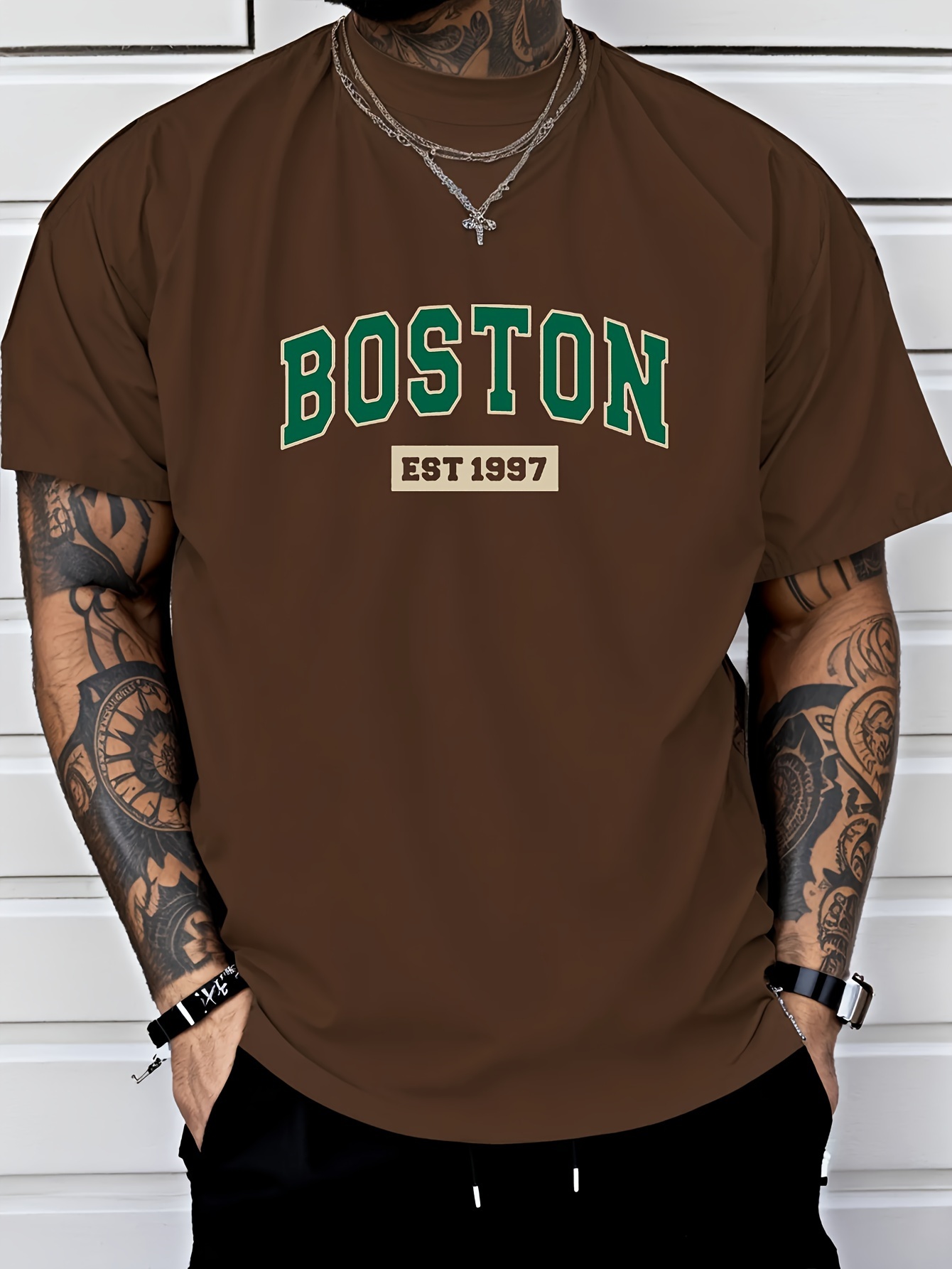 Men'S Boston Est. 1997 Graphic Print T-Shirt, Casual Crew Neck Short Sleeve Tee with Slight Stretch, Regular Fit, Letter Pattern Design, Perfect for Sports or Leisure Activities, Leisure Clothing | Trendy Crew Neck | Versatile Style