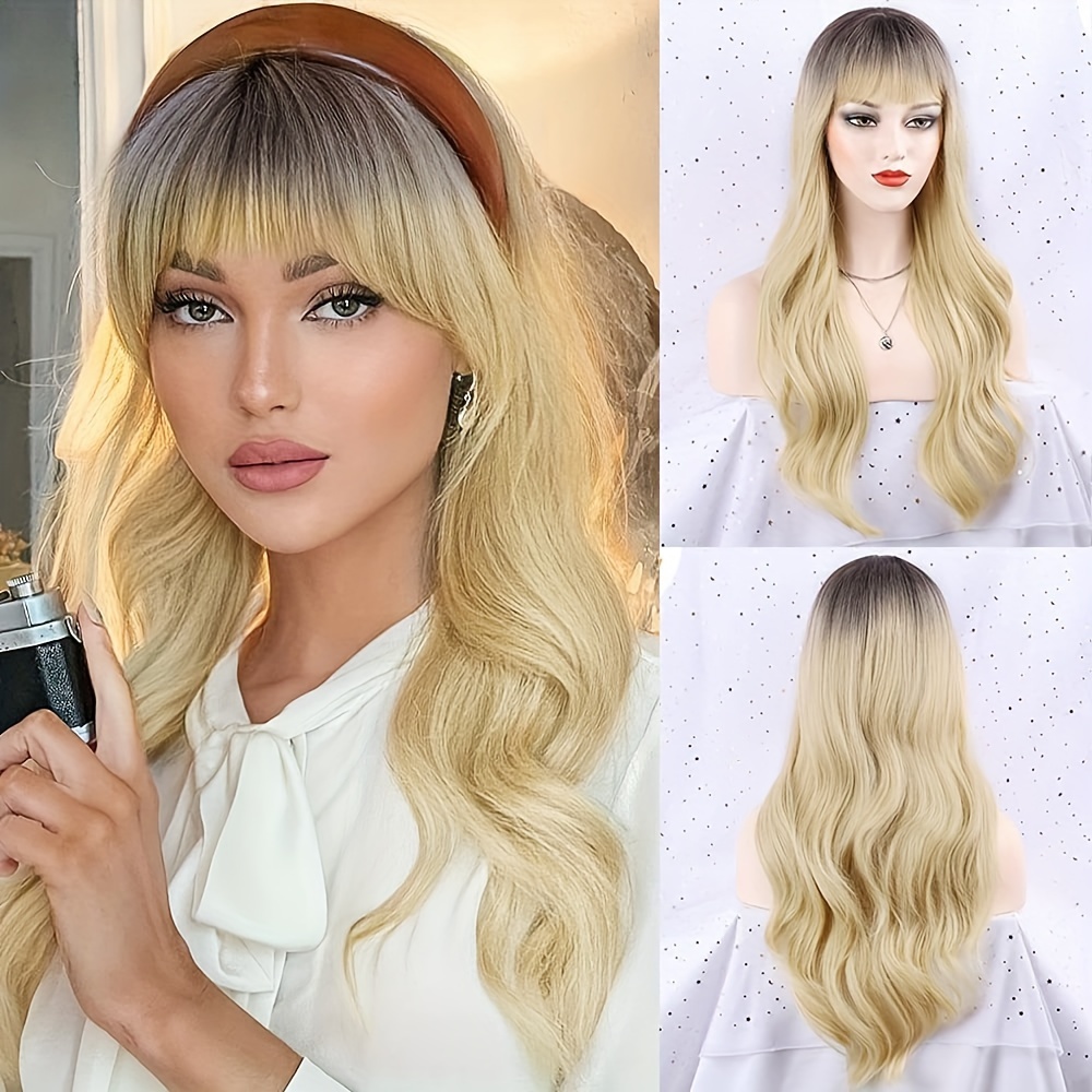 TEMU 24-inch Long Blonde Ombre Wig With Bangs - Heat Resistant Wavy Wigs For Women, 100% Density Synthetic Hair, Versatile Styling For & Parties, Wig | Wavy Long Wig | Wig, Wig Accessories