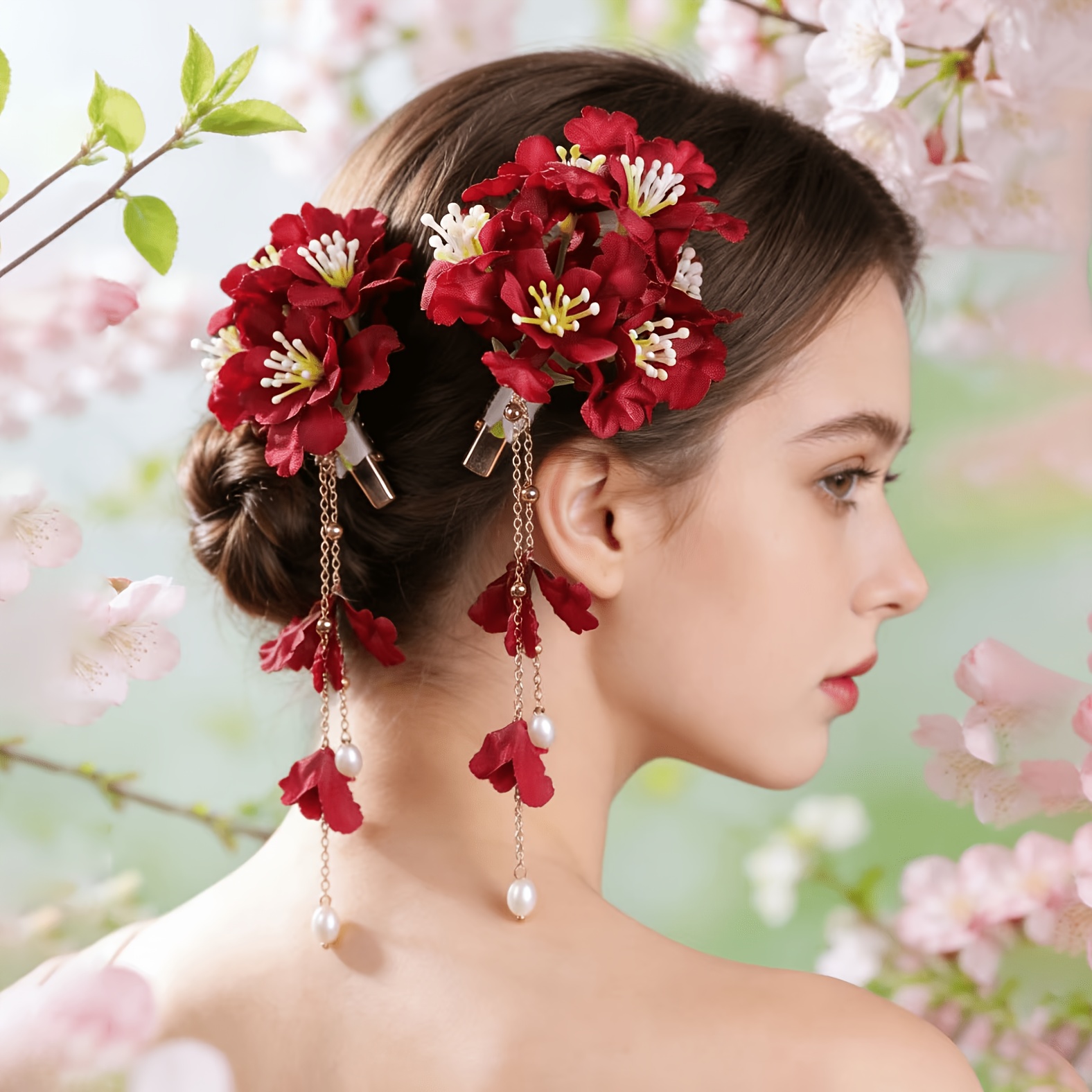 TEMU 2pcs Gentle And Endless Ultra-ethereal Red Hydrangea Tassel Hair Clips For Women, Vacation Vibe Photo Hair Accessories, Gorgeous Hair Clip