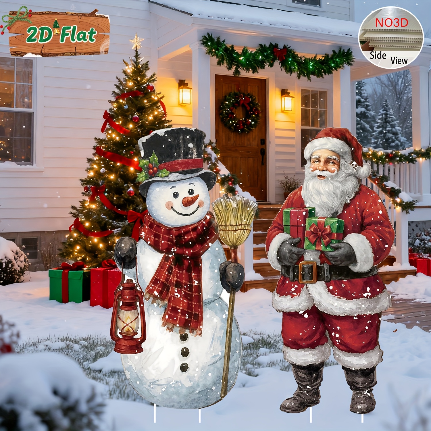 TEMU 2d Flat, Christmas Decorations Outdoor, 2pcs Large Rustic Santa Claus Snowman Yard With Stakes Xmas Decor, Vintage Winter Signs For Lawn Front