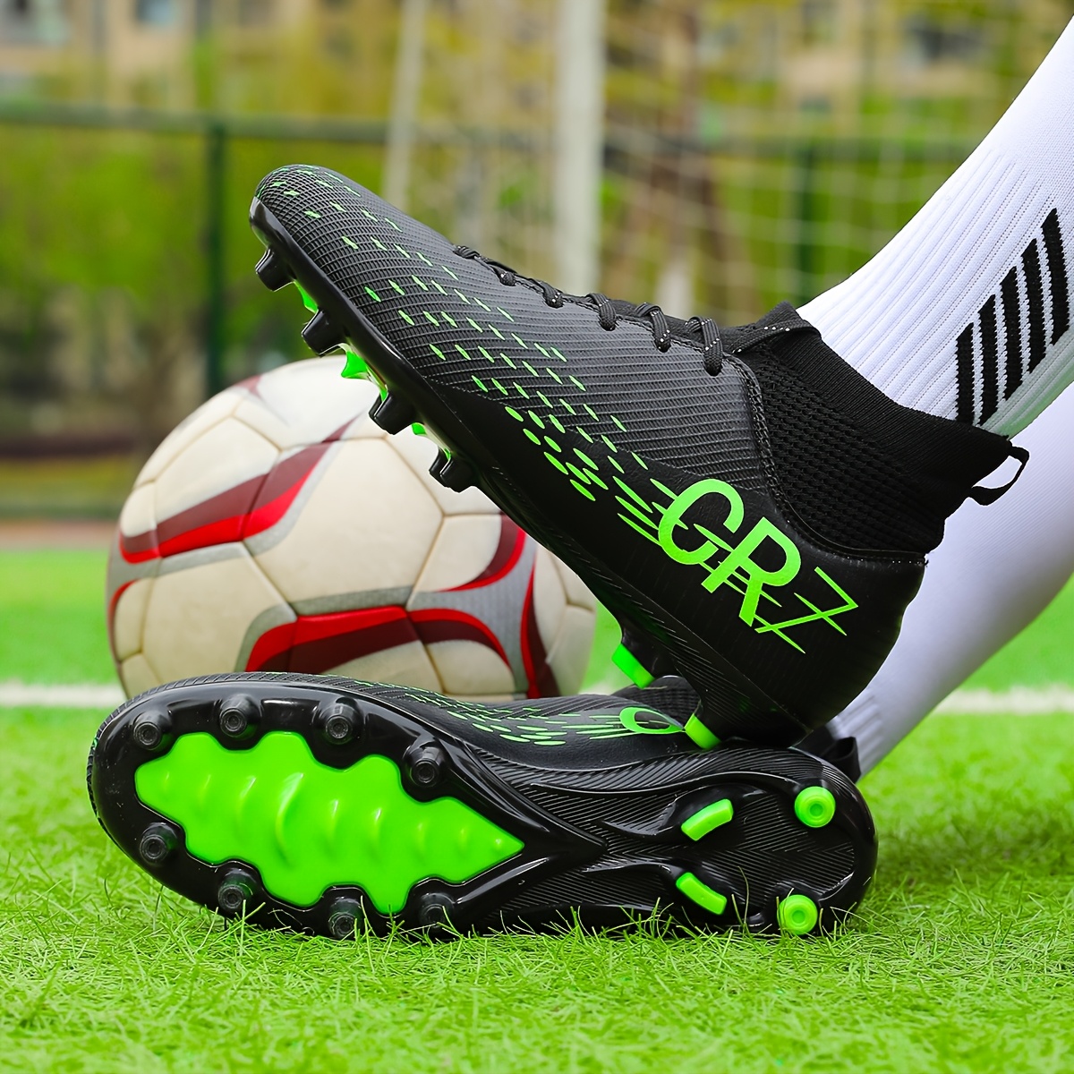 Youth High-Top Football Cleats Lightweight Breathable Anti-Slip Soccer  Shoes with Neon Green Accents, PU Upper TPU Sole for Training Matches  on