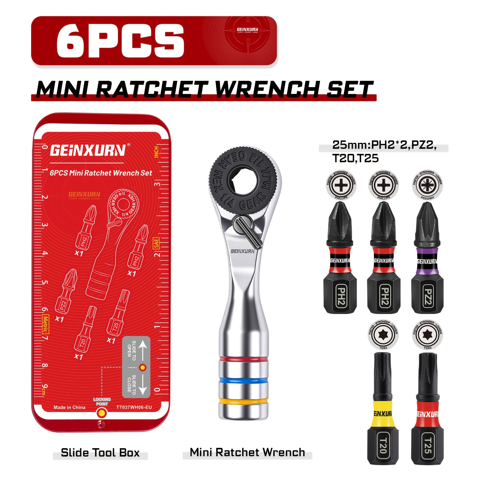 TEMU 6pcs Mini Ratchet Wrench Set - 1/4" Drive Reversible Ratchet Screwdriver Bit Set With Ph2/sq2/t20/t25/pz2 Bits, Portable Precision Repair Tool