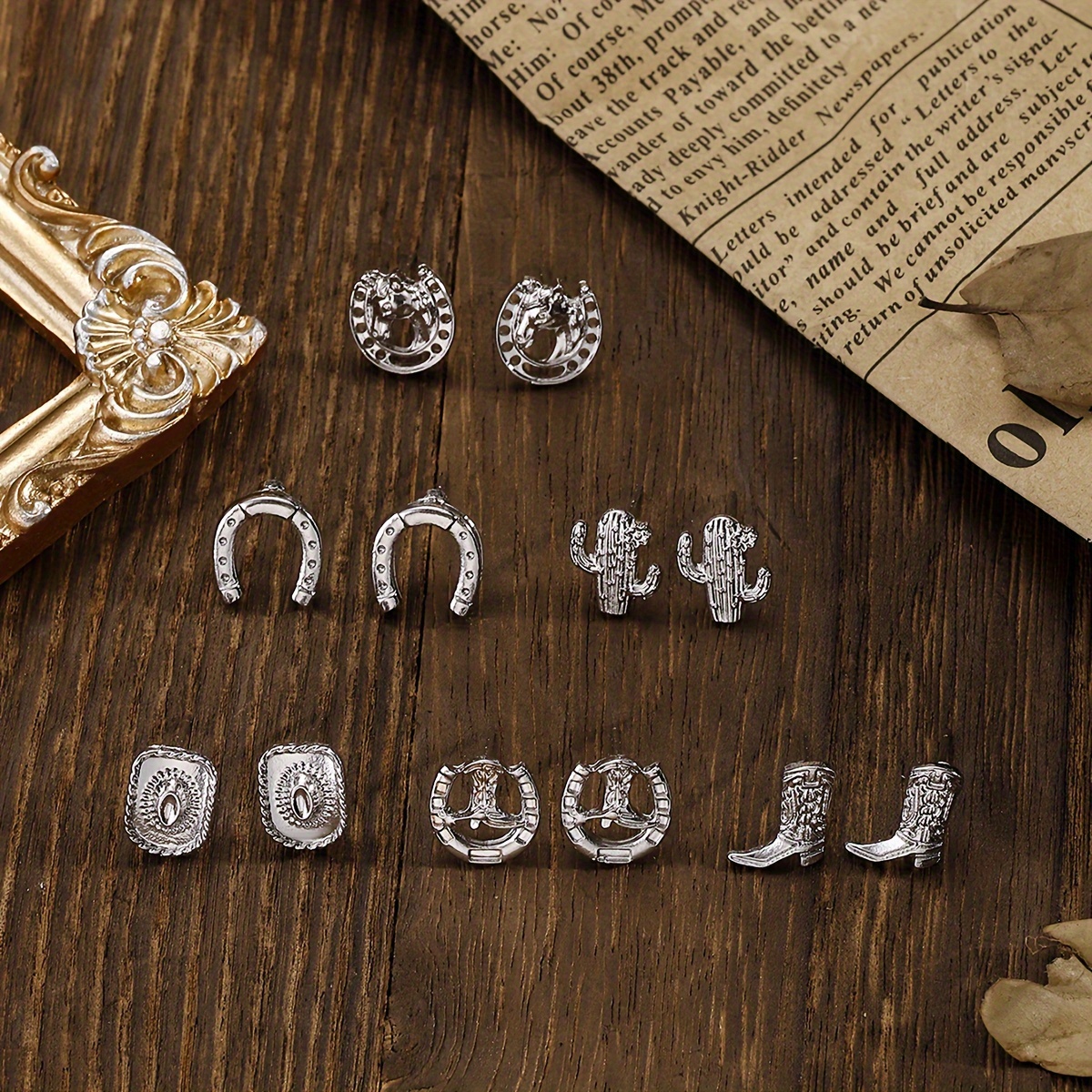 TEMU 6 Pairs Of Vintage Western-style Hats And Cowboy Boots With Golden Textures, Cactus Earrings For Ladies, A Holiday Gift For Daily Use.