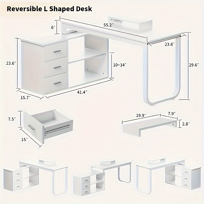 

White L Shaped Desk With Drawers, Reversible Computer Desk White Desk, Home Office Desk With Storage Shelves, Home Office Desk With Monitor Stand & Printer Cabinet, White