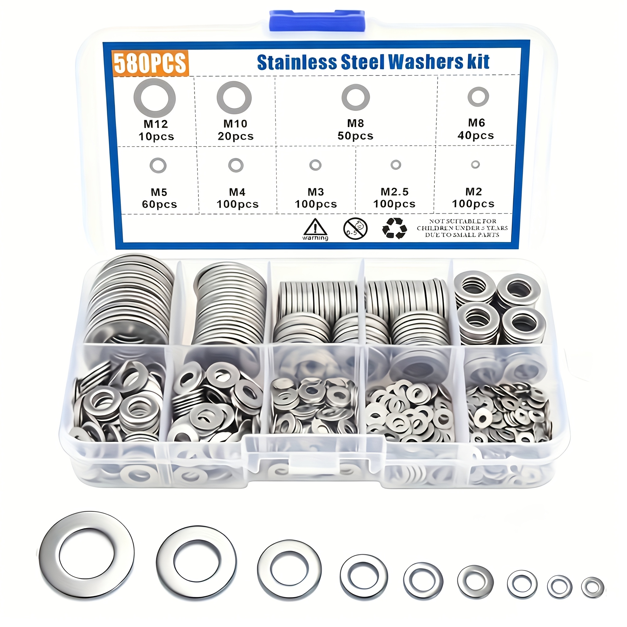 360/580pcs Stainless Steel Flat Washers Assortment Kit (m2 M2.5 M3 M4 M5 M6 M8 M10 M12) Suitable For Home Decoration, Repair, Kitchens, Shops And Outdoor Construction