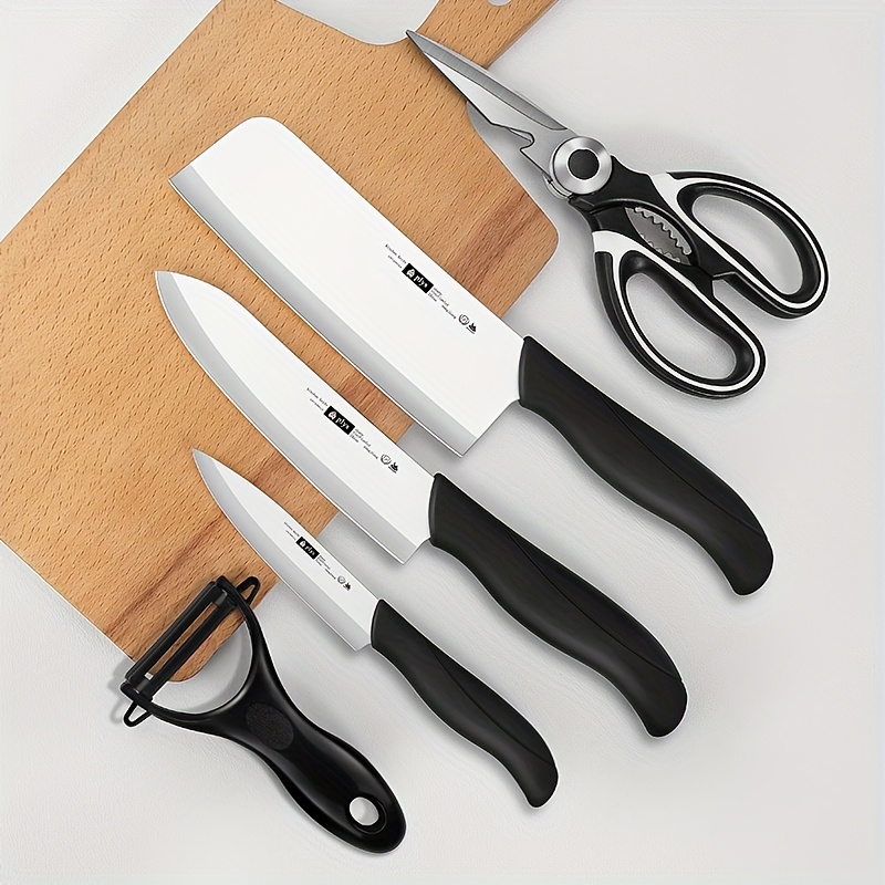 TEMU 5pcs Black Ceramic Kitchen Knife Set, Kitchen Chef's Knife, Fruit Knife, Slicing Knife, Kitchen Scissors, Peeling Knife Eviscerated Kitchen