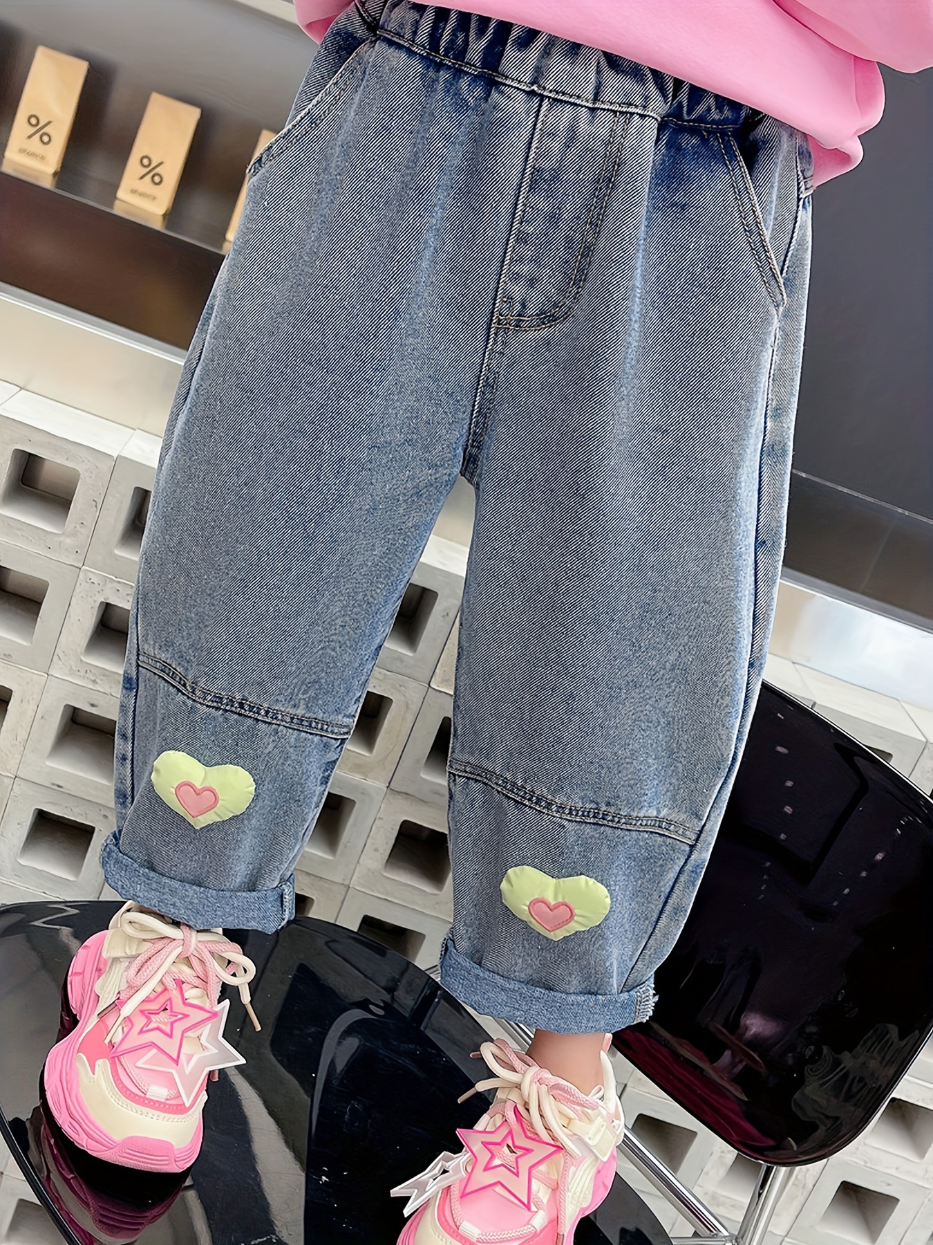 Trendy Girls Heart Patch Baggy Jeans Loose Fit Denim Pants Comfy Versatile  Streetwear Going Out