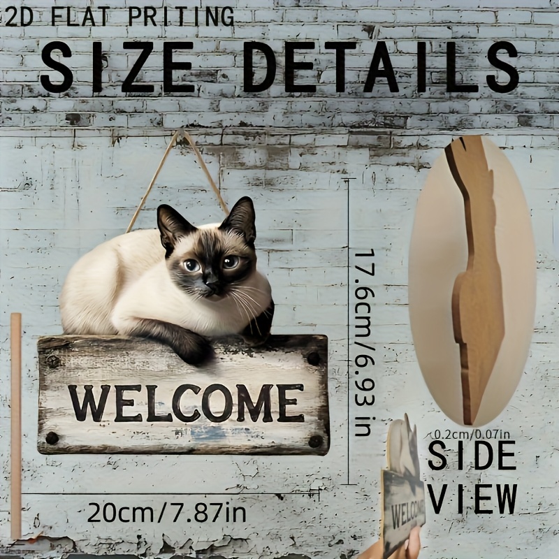 TEMU 2d Flat, 1pc Siamese Kitten Welcome Board - Country Farmhouse Wall Art With 2d Flat Design, Handmade Artificial Wood Hanging Ornament, No