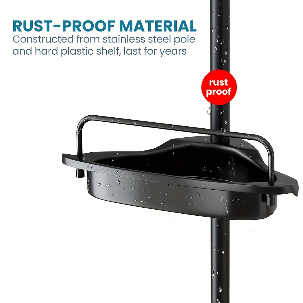 Odporny na rdzę plastikowy narożny kosz prysznicowy do organizowania i przechowywania szamponu i akcesoriów w łazience lub wannie, z regulowaną czteropiętrową półką z teleskopowym prętem, rozciągającym się od 56 do 289,56 cm.