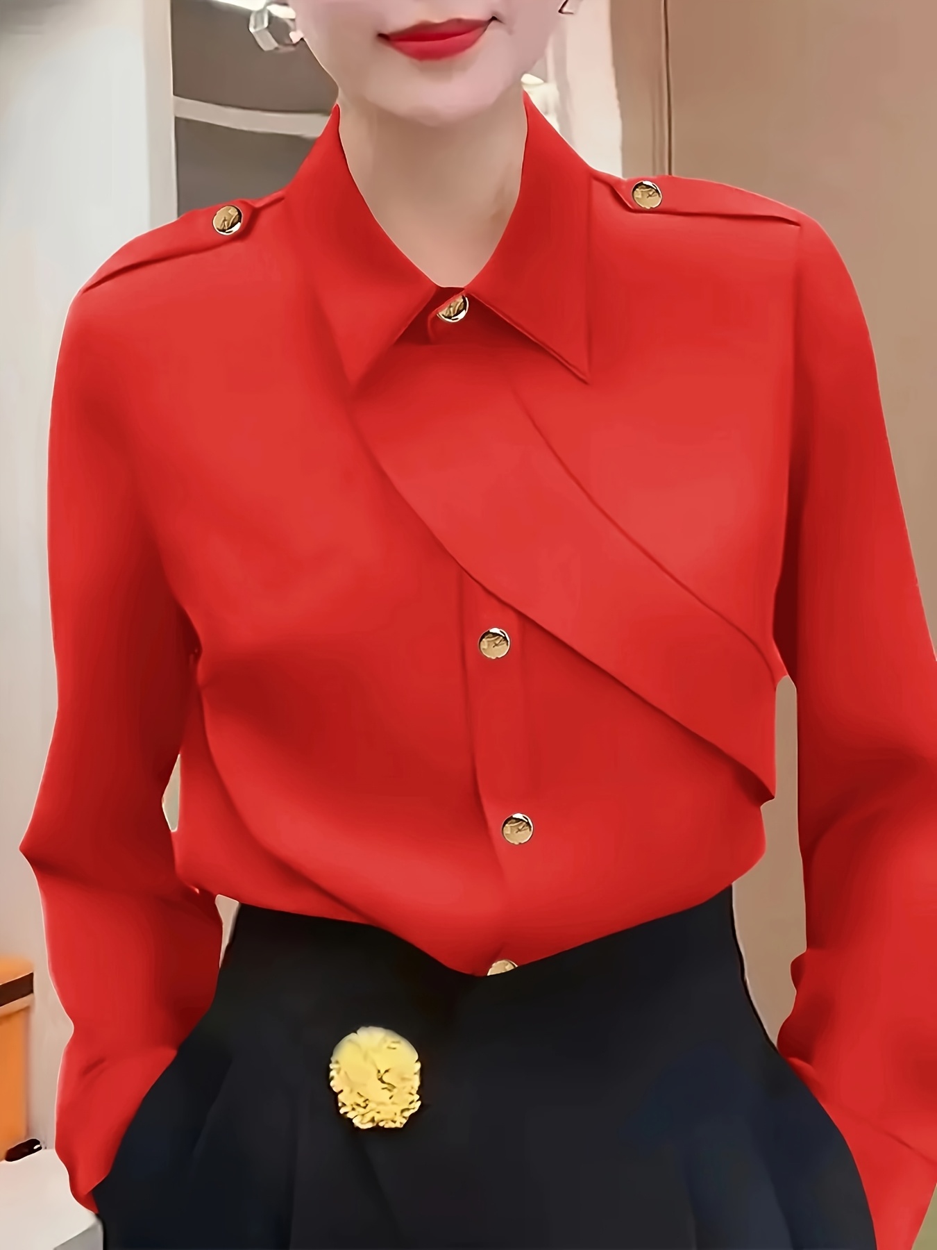 womens plus size elegant shirt polyester 100 solid color   lapel collar with button details non stretch woven fabric 120g   blouse for ladies red 0