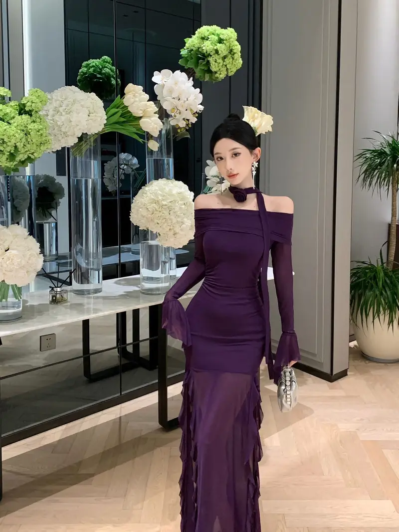 Spring/* Mature Lady Retro Purple Off-shoulder Long Sleeve Dress Elegant * Waist-cinching Bodycon Dress Spring/* Mature Lady Retro Purple Off-shoulder Long Sleeve Dress Elegant * Waist-cinching Bodycon Dress