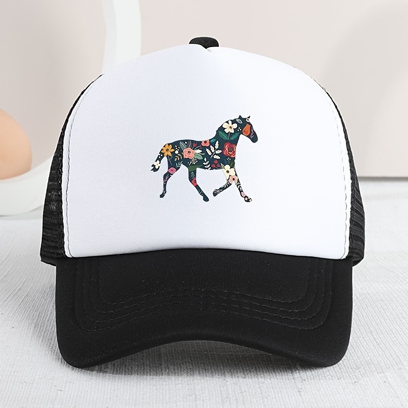 

Floral Horse Print Baseball Cap | Contrast Color Women's Casual Sun Hat | Breathable Mesh Trucker Hat