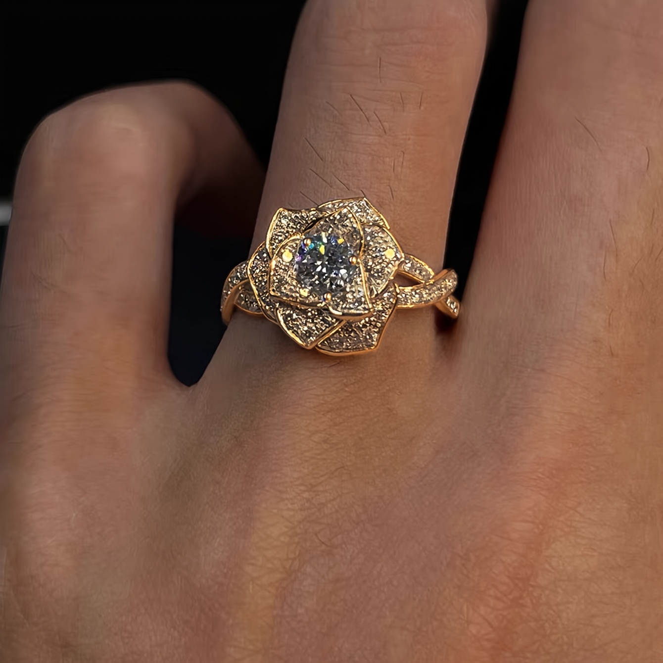 Three-Dimensional Rose Ring with Sparkling Zirconia, Gift for Her