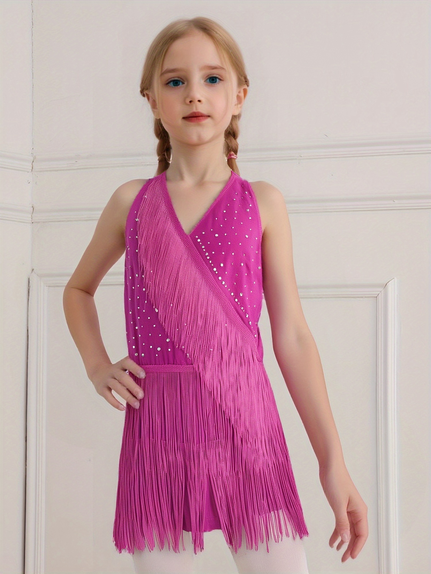 girls sparkly tassel dress latin salsa sleeveless - Temu Australia