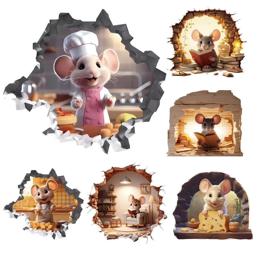 A Set Of 6pcs Of 3d Wall Stickers, Kitchen Decoration, Chef Mouse Stickers, Mouse Switch Stickers
