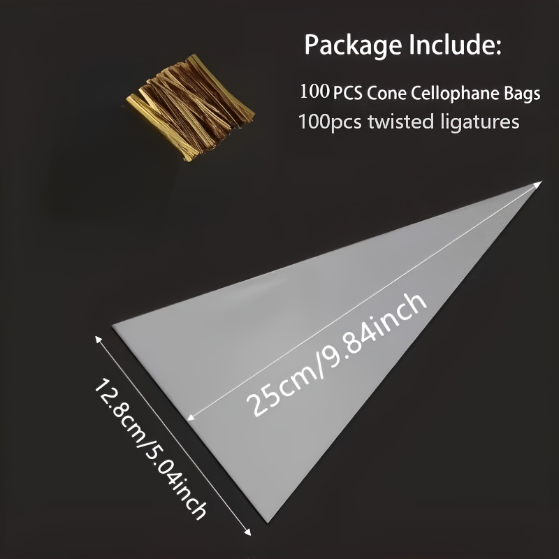 TEMU 200 Transparent Tapered Cellophane Gift Bags With Golden Twist Ties, Large Capacity Durable Triangular Candy Bags, Suitable For Candy, Popcorn,