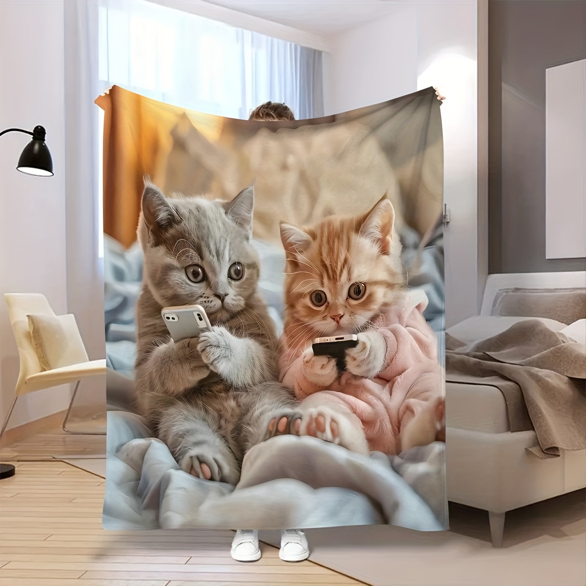 TEMU Soft & Cozy Cat Print Flannel Throw Blanket - Adorable Kittens Playing With Smartphones, For Sofa,, Office, And Camping, Machine Washable, Mixed