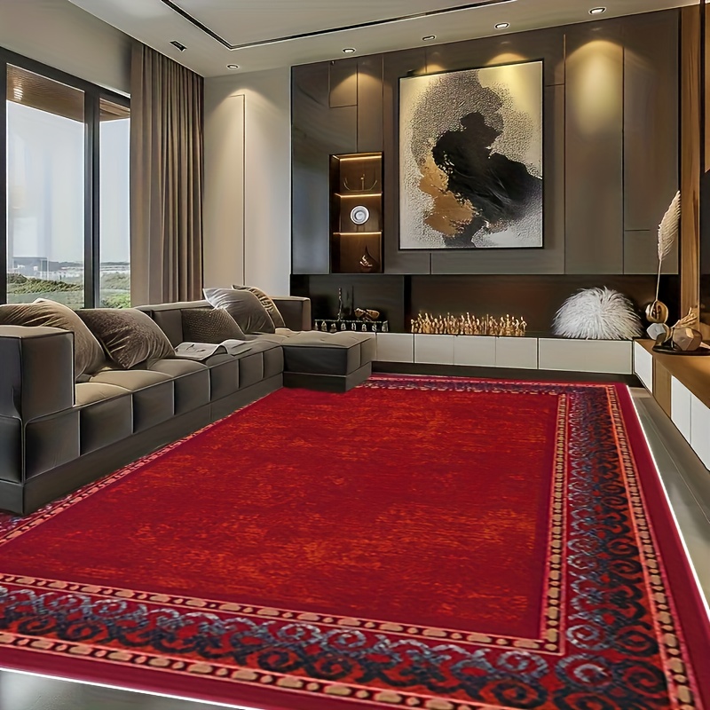 TEMU [+ 850g/m² Velvet] 1pc Luxury Velvet Area Rug - Red Bohemian Persian Carpet, Non-slip Backing, Machine Washable 100% Polyester Fiber - Ideal For