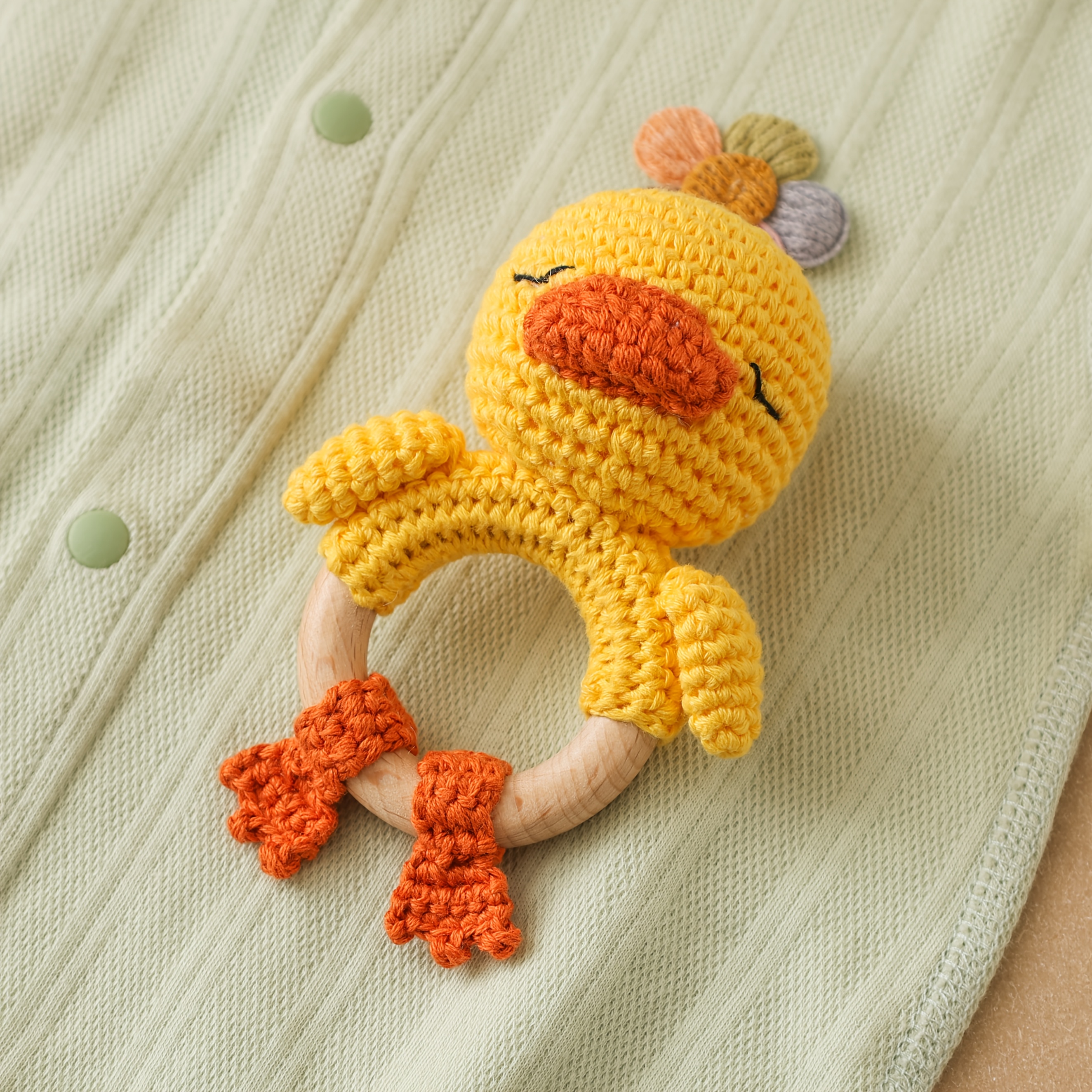 Hand-Knitted Duck Rattle with Built-In Bell