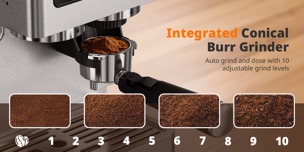 20Bar Italian Espresso Machine, Featuring a Conical Burr Grinder, a Steam Wand for Frothing Milk, a 1.8L Water Reservoir, And a Dual Boiler Heating System, All Made of Stainless Steel. It Can Prepare Cappuccinos, Lattes, Iced Coffee, And Americanos