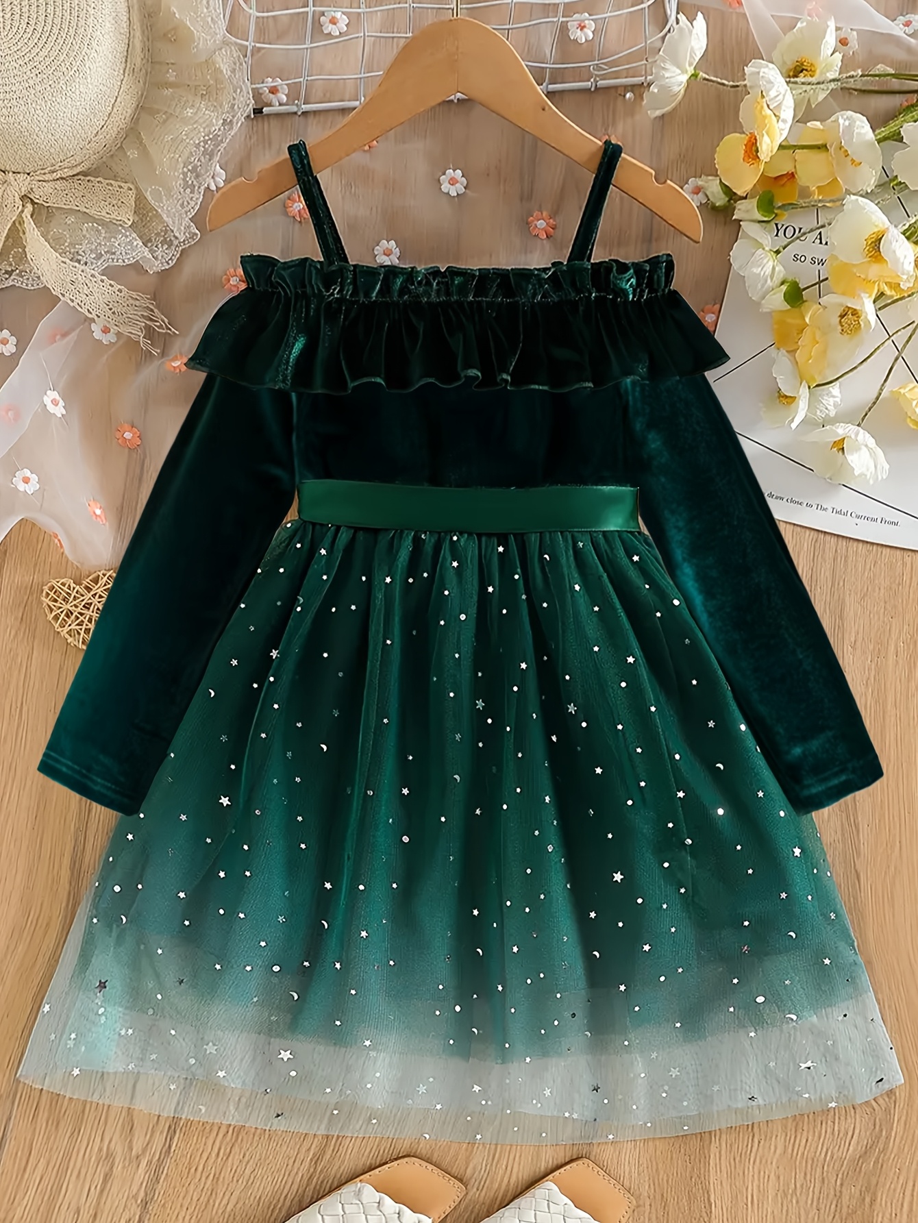 green gradient dress A-line Green Gradient Tulle Long Sleeves Party Dress, V-neckline Green main image 1