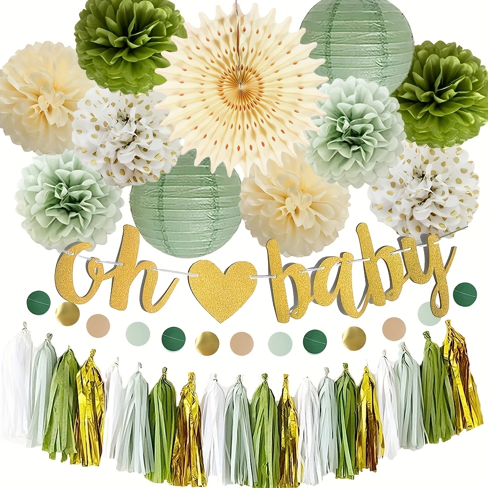 

14pcs Yuebaaf Baby Shower Decorations Set, Oh Baby Banner, Tassels, Pom Poms, Paper Lanterns, Wreath, With No Electricity Needed, For Neutral Theme Parties