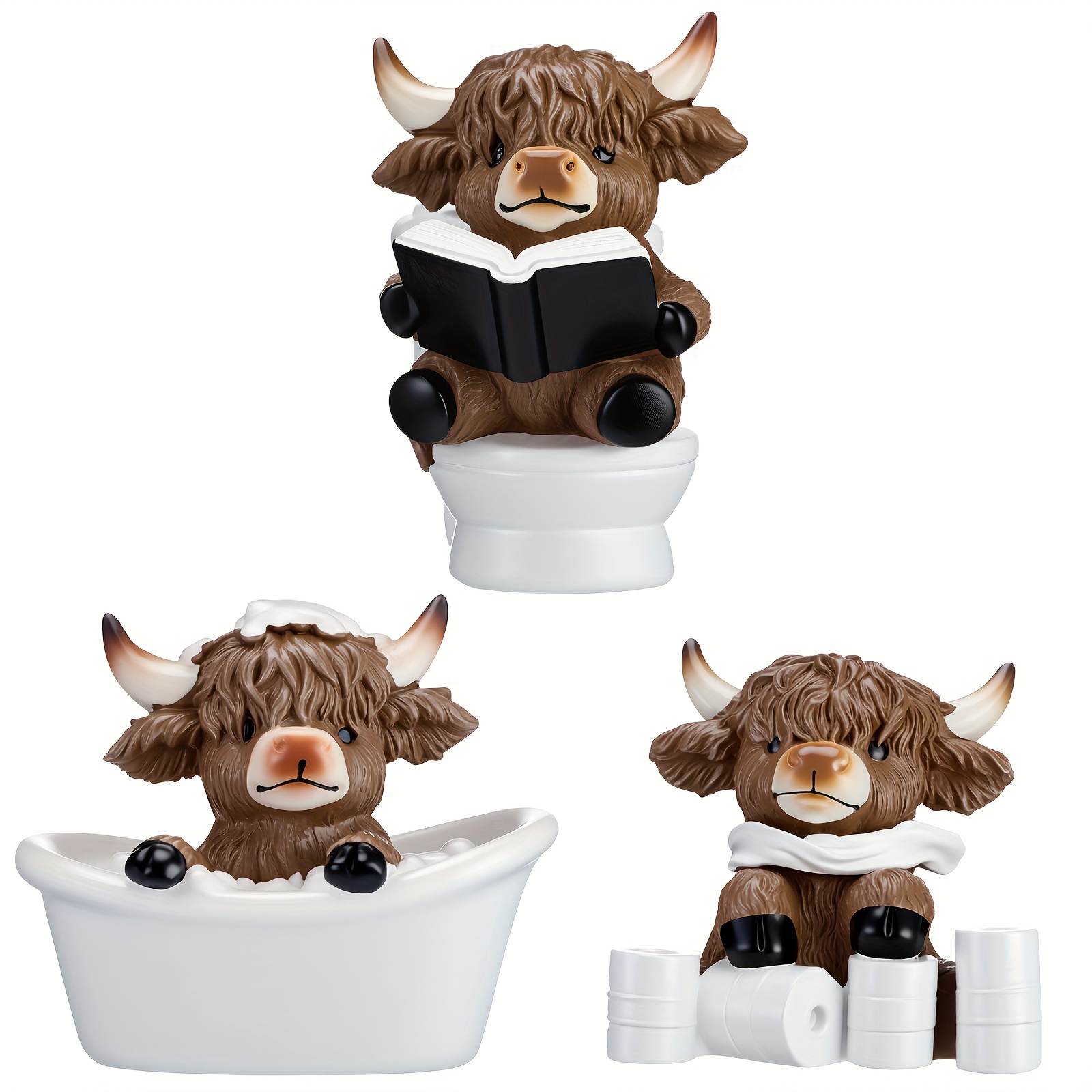 TEMU 3pcs Scottish Highland Cow Gnomes - Resin Calf Statues, Scottish Cow Figurines For Home Decor, Farmhouse Table Display, Scottish-themed Collectible Gifts For Lovers & Decorations