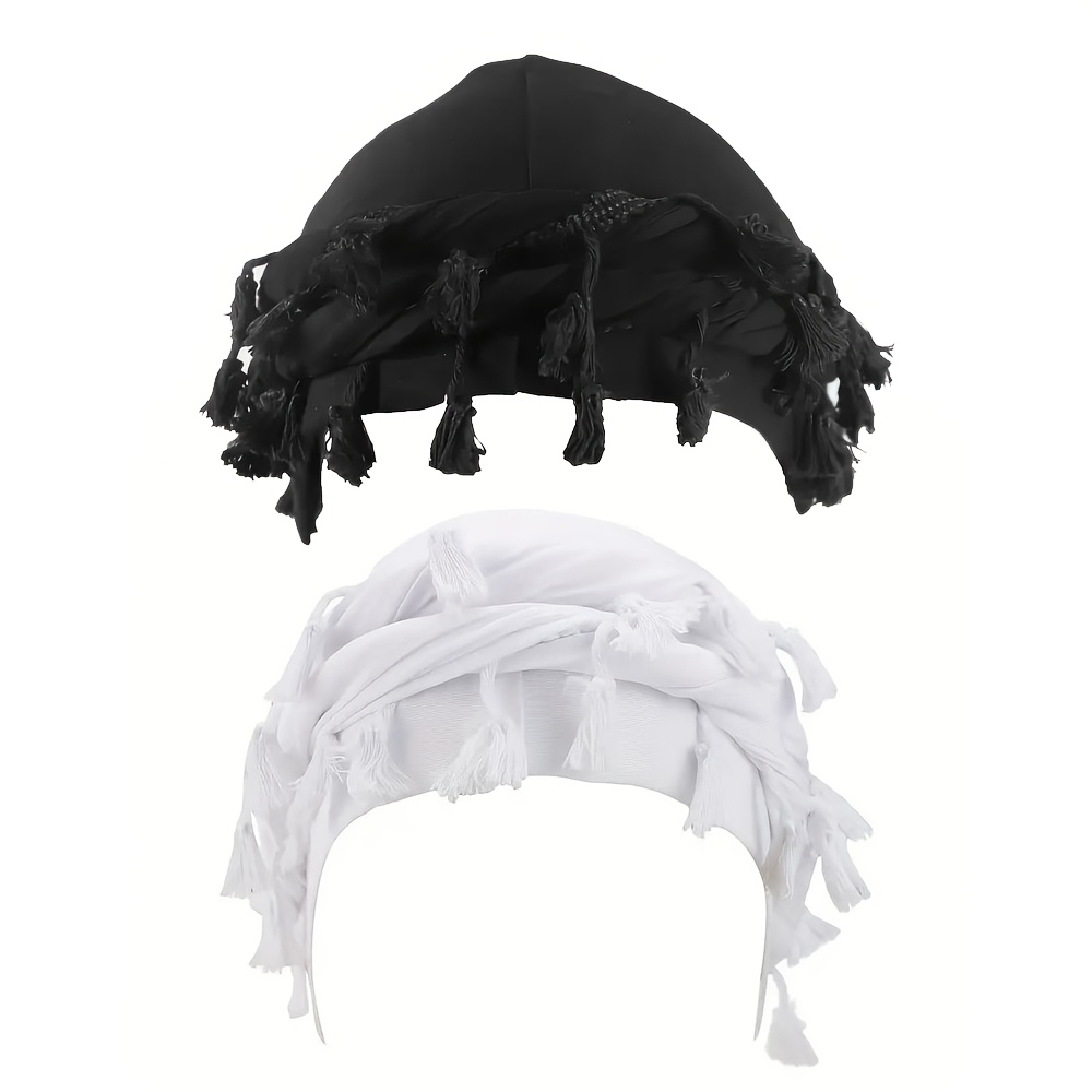 

And White Tassel Woven Kufi Hats, Double-layered Loose In Hip-hop Style, Featuring A Vintage Tassel Headband And Pirate Hat With Frayed Edges, Suitable For Casual Outdoor Wear.