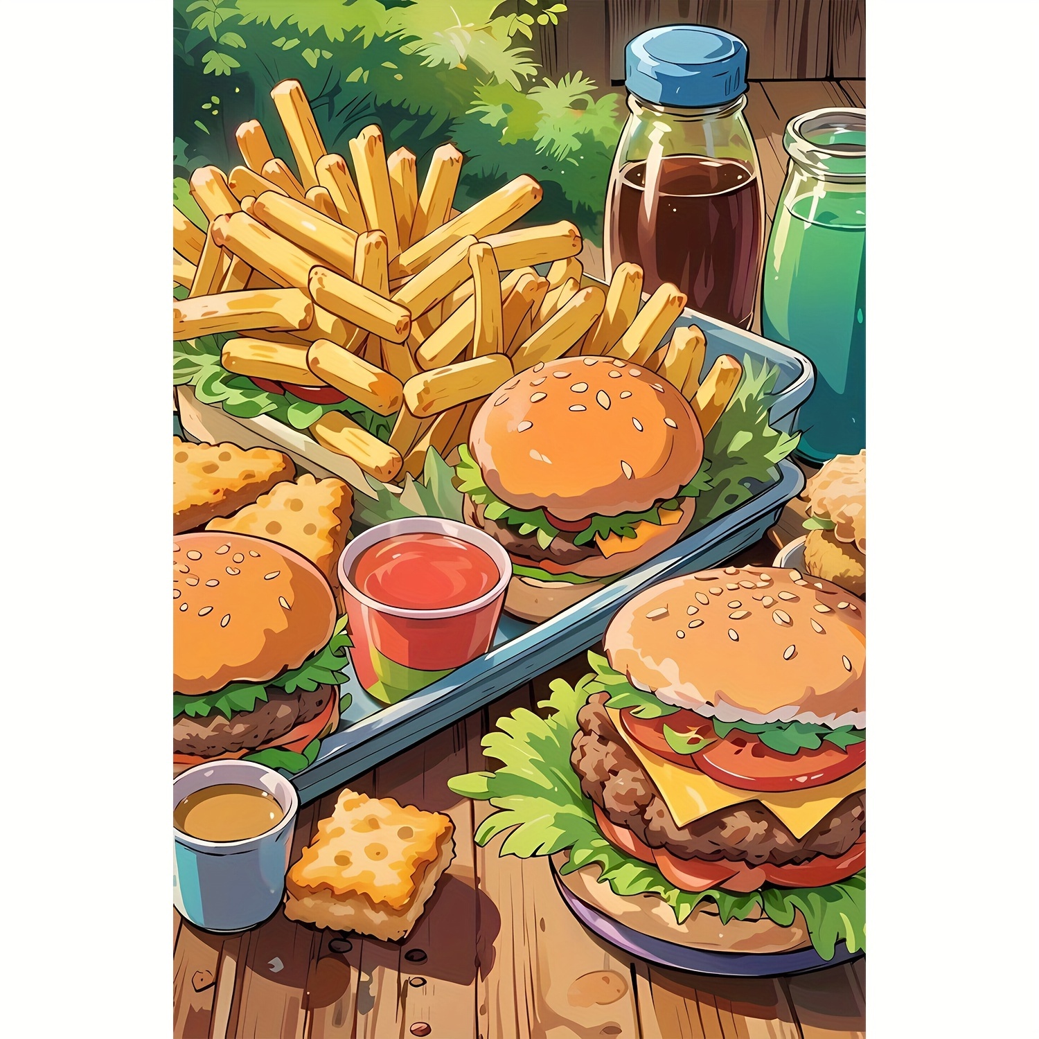 

5d Diy Diamond Painting Kit - "fast Food Feast" Round Acrylic Diamonds Art, Landscape Theme, Burger & Fries Mosaic Craft Set, Frameless 20x30cm - Home Decor & Relaxing Hobby For Adults & Beginners