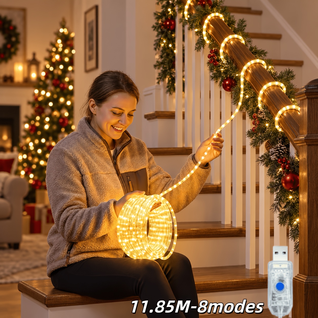 TEMU Guirlande Lumineuse LED à Chaud Alimentée par USB 8 Modes d'Éclairage Tube en PVC Transparent Guirlande Lumineuse Flexible et Pliable pour Sapin