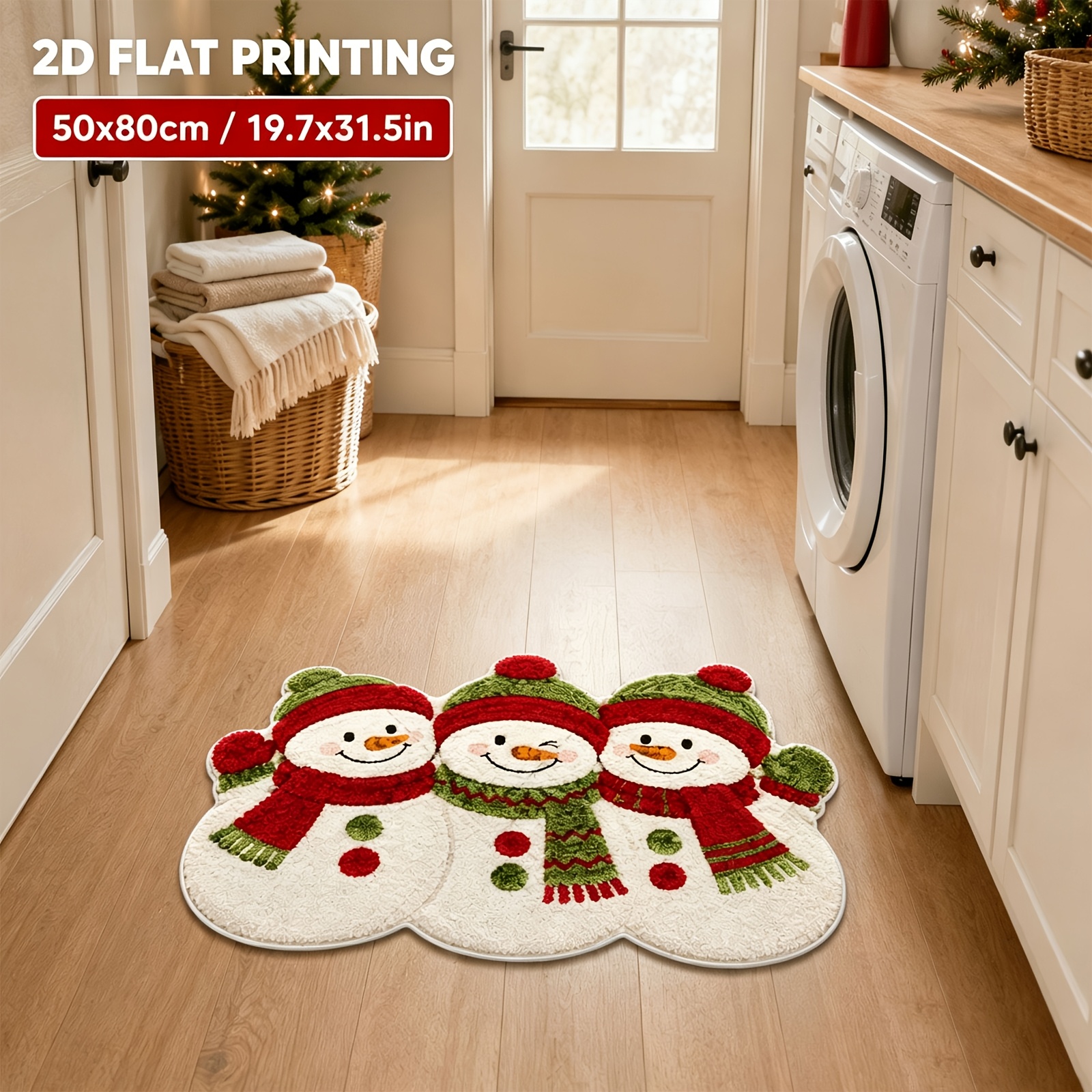 TEMU 2d Flat 1pc Velvet Bathroom Rug, 850g Per , With Christmas Snowman Pattern, Non-slip Decorative Area Rug, Machine Washable, Suitable For