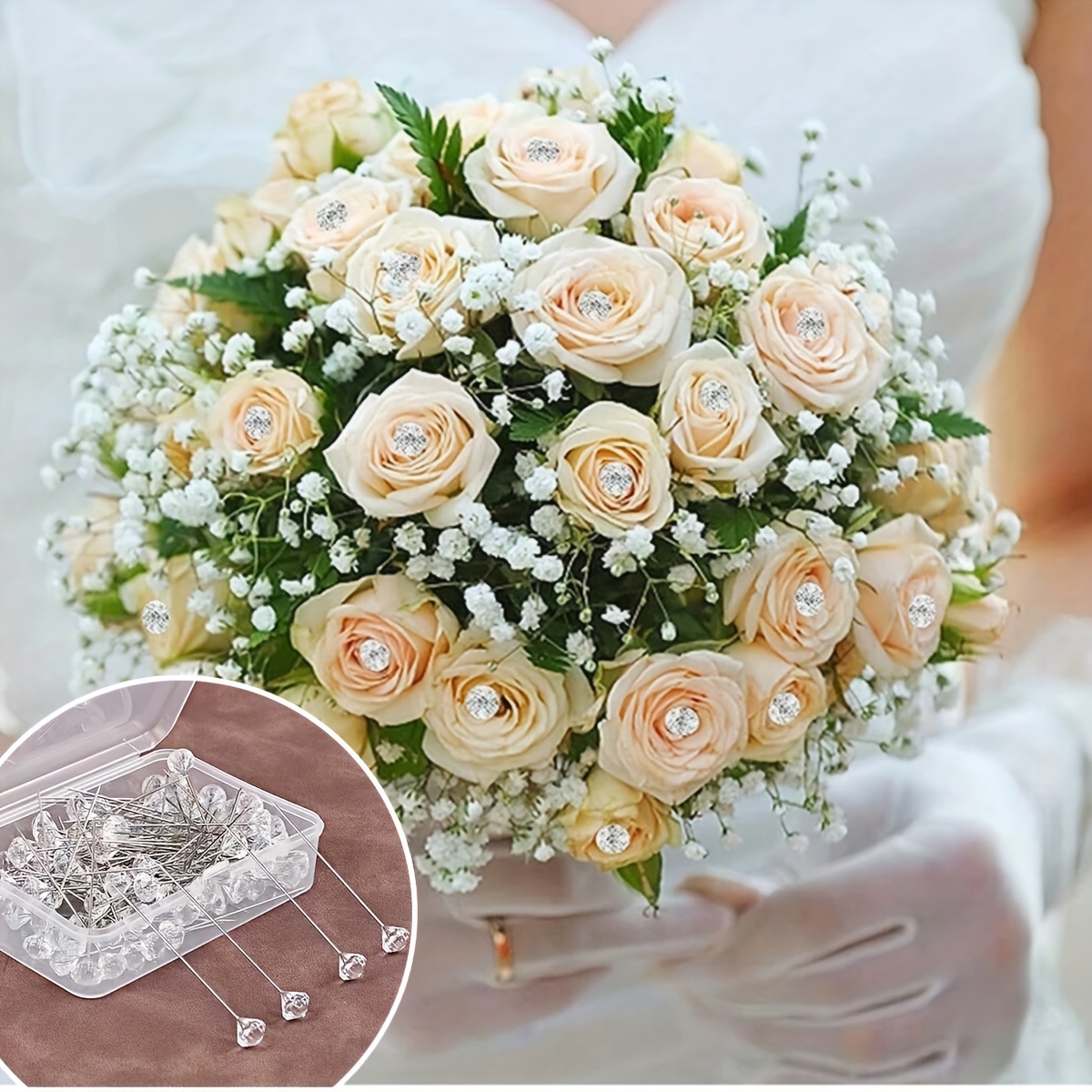 

100pcs, Épingles de Positionnement Diamant, Épingles à Gros Tête pour de Bouquets de Mariage, Épingles de Positionnement Transparentes pour Couture avec Boîte d'Accessoires