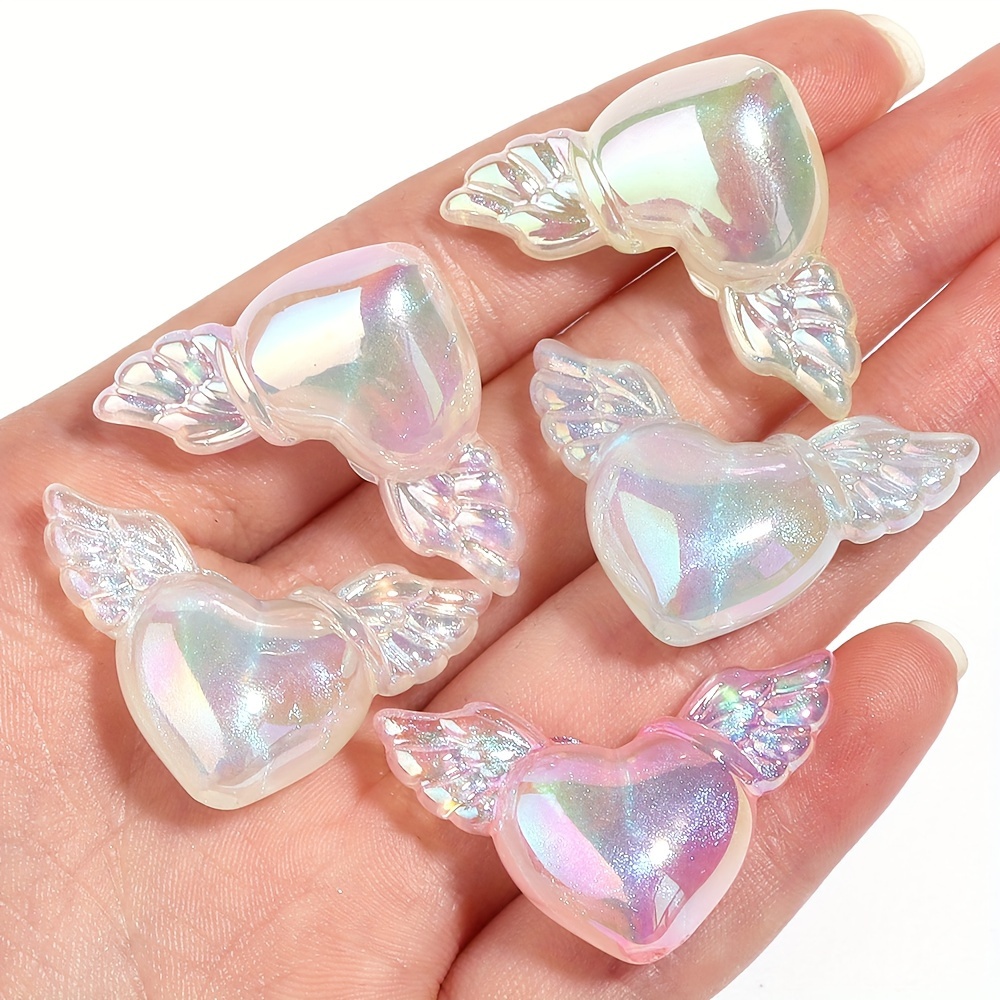 

10pcs Iridescent Luminous Winged Heart Beads, Multi-use Craft Supplies For Diy Jewelry, Necklace, Bracelet, Keychain, Beaded Pen Decorations, Glow In The Dark Crafting Accessories