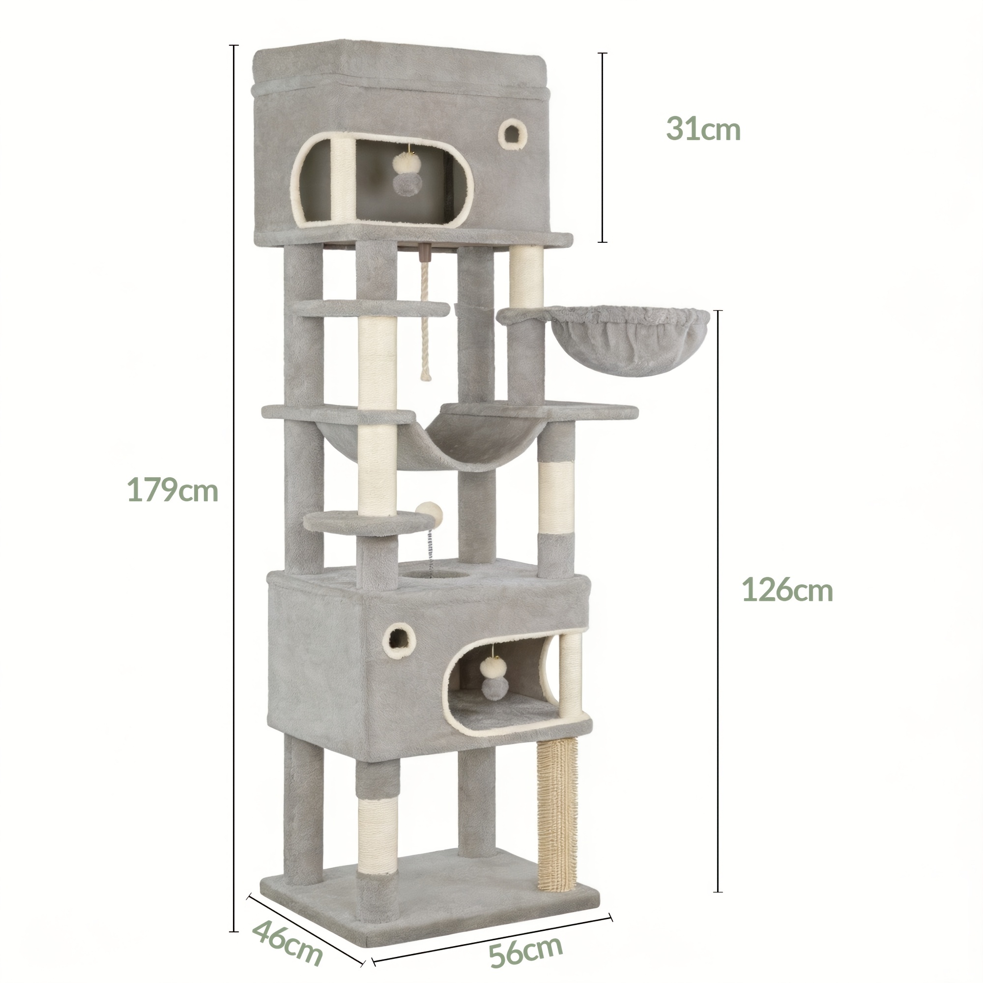 Image of Hexcelen 179cm Cat Tree, Suitable For Kittens, Adult Cats And Senior Cats; Features 7 Sisal-wrapped Posts, Houses, A Large Platform, And Scratching Posts With A Comfortable Cat Basket And Hammock