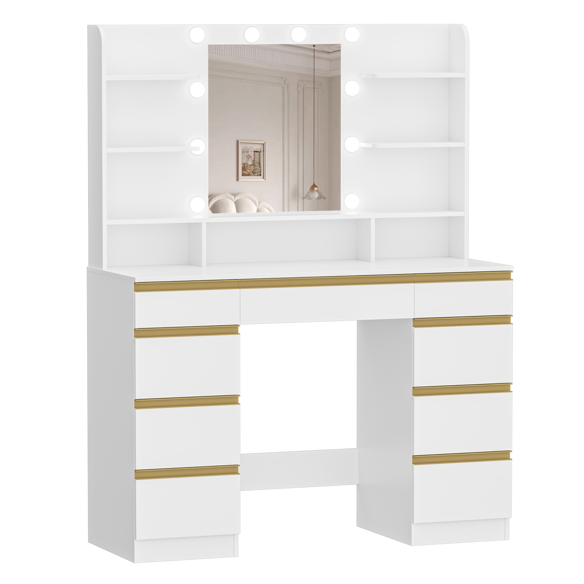 E-shop Schminktisch mit Spiegel 10 LED-Lichtern, Schminktisch mit 3 Farben, einstellbare Helligkeit, 1 große Schublade 8 kleine Schubladen, Weiß-Gold