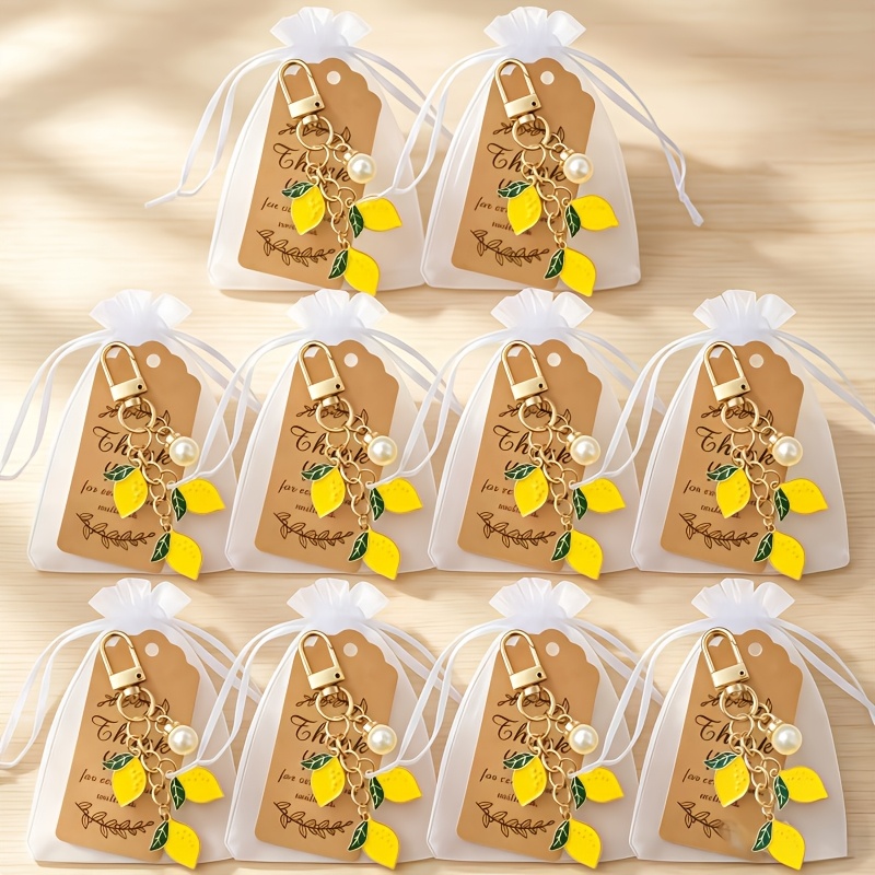 TEMU 30pcs/10-set Lemon Pendant Decorative Keychain Set (10 Keychains + 10 Cards + 10 Gift Bags), Lemon-themed Party Keychains, Lemon Pendant