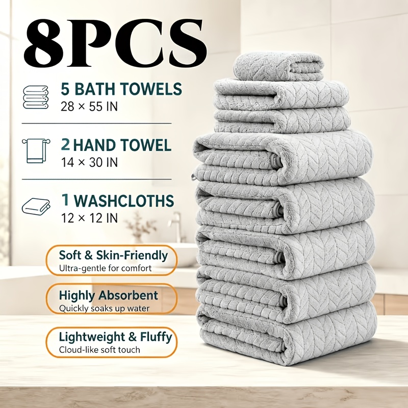 TEMU Ensemble de 8 serviettes de bain épaisses, matériau à séchage rapide, serviette de randonnée et de voyage en extérieur, comprenant 5 serviettes