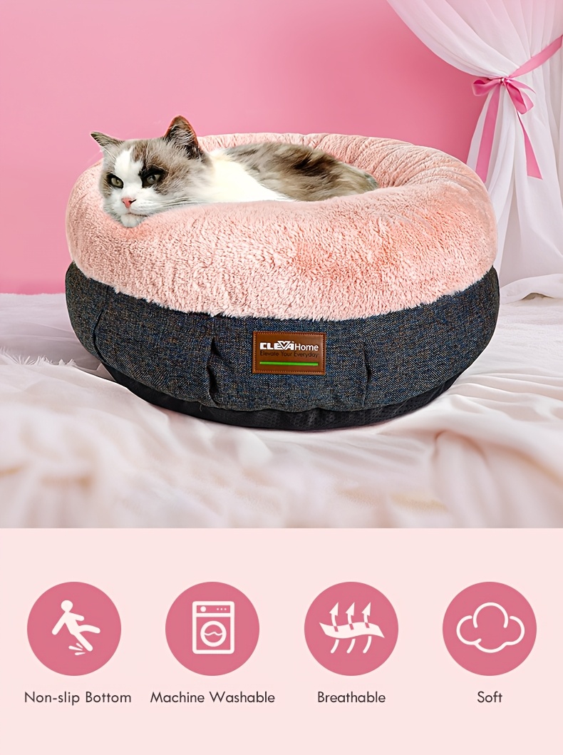 clevahome cozy cat bed ultra soft plush pet bed with raised sides and anti slip base comfortable round bed for small pets up to 11 lbs christmas gift Product details 2
