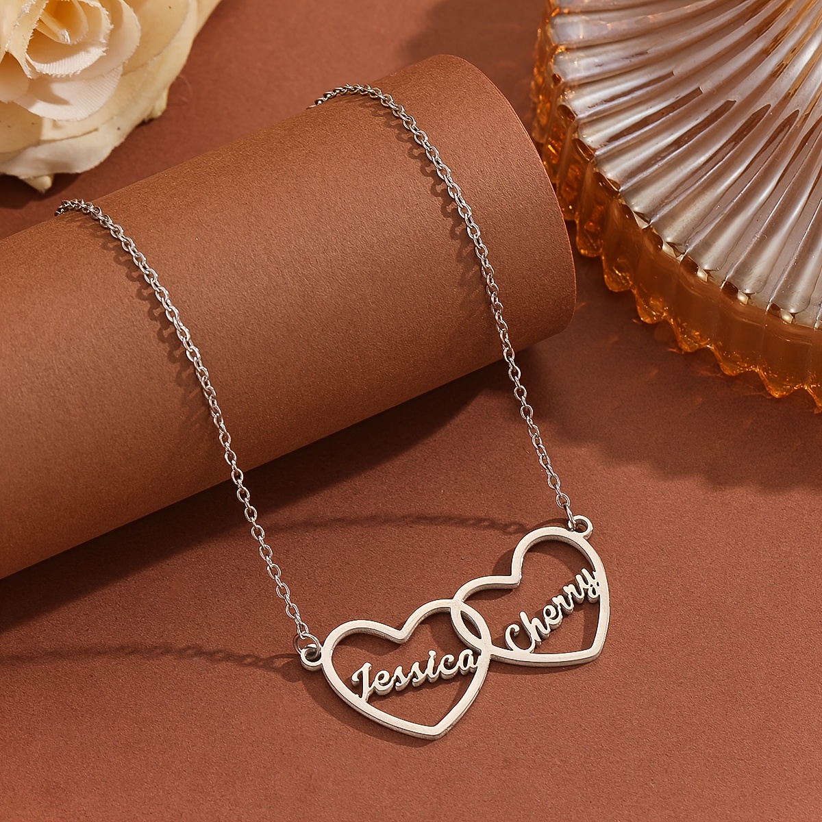 TEMU Customized 2 Names Necklace With Heart Personalized Stainless Steel New In Necklace Thin Chain Couple Jewelry For Women Gift