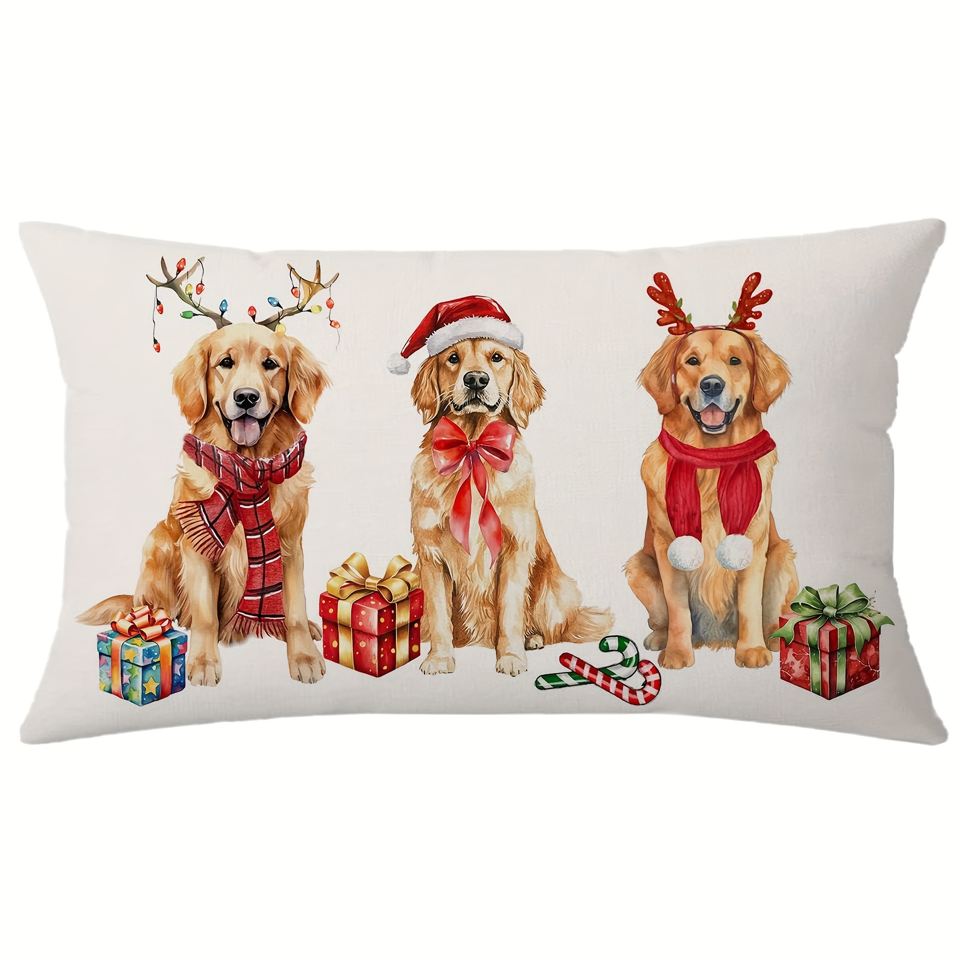 

1pc Christmas Golden Retriever Pillow Cover, 12x20 Inch Decorative Throw , Contemporary Style Linen Zippered Lumbar Pillowcase For Holiday Decor, Machine Washable - Fits Multiple Couch Types