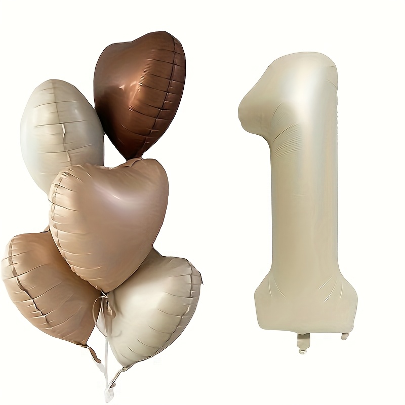 6pcs 32-inch Cream Foil Balloons And 18-inch Heart Foil Balloon Set For Camping Party Decorations, Graduation Celebration, Wedding Birthday Party Supplies